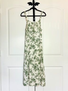 Cottagecore Cream Peasant Dress with Green Floral, adjustable straps size M-L